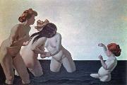 Felix  Vallotton three women and a young girl playing in the water oil painting